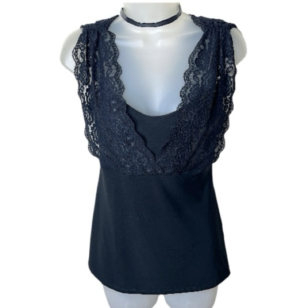 Y2K WHBM White House Black Market Lace Overlay Sleeveless Top XS Black Vintage
